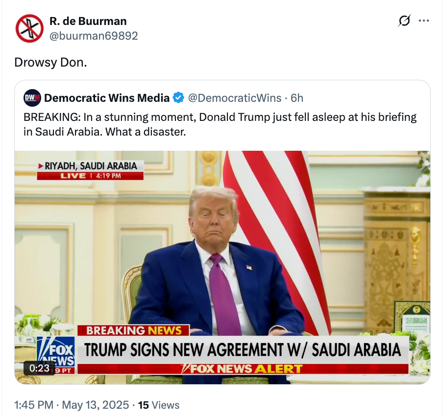 Screenshot of a tweet joking about Donald Trump falling asleep during a briefing in Saudi Arabia, labeled "Drowsy Don."
