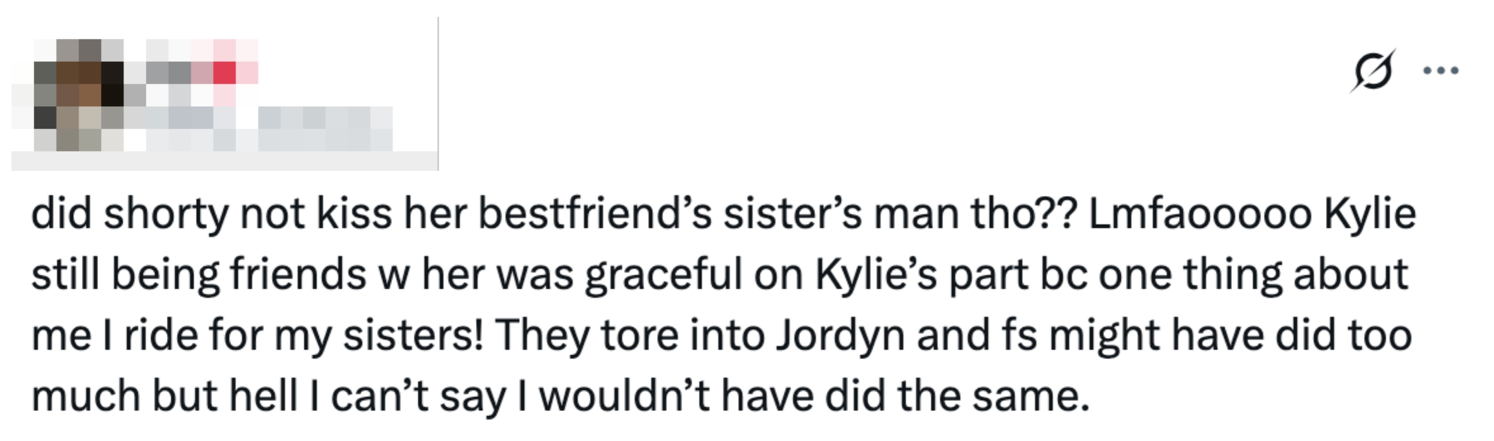 Tweet discussing a celebrity relationship drama involving Kylie and her grace towards a friend's actions