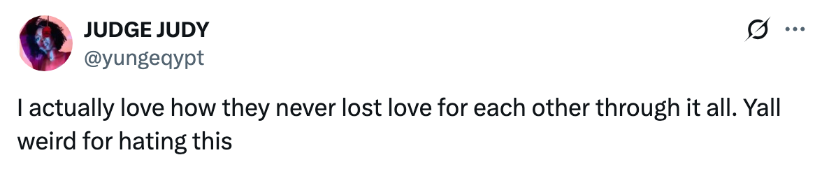 Tweet by user Judge Judy expressing admiration for a couple's enduring love and calling out negativity from others