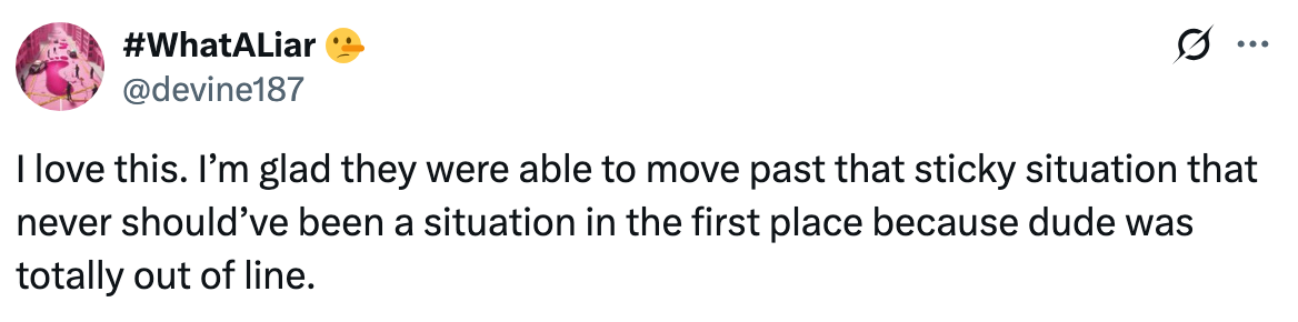 Tweet by @devine187 expressing relief that a situation, deemed inappropriate, has been resolved