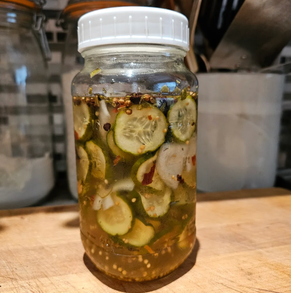 Jar of homemade pickles with slices and seeds visible, placed on a wooden surface. Reddit webpage layout in the background