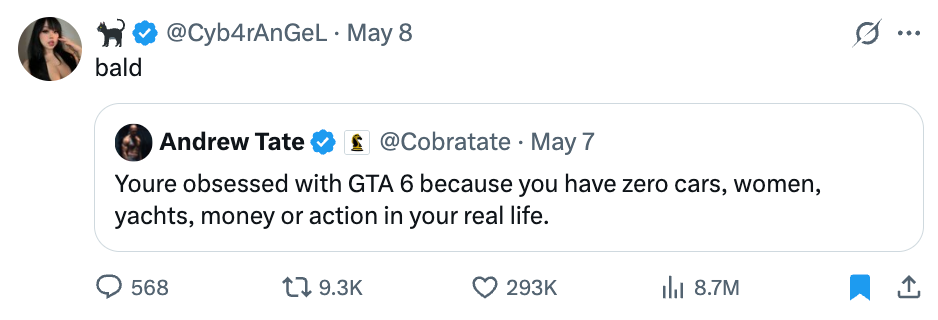 Social media screenshot showing a reply calling someone "bald." The original post criticizes an obsession with GTA 6