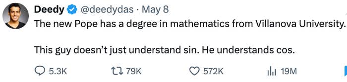 Tweet jokingly states the new Pope has a degree in mathematics, understanding "cos" due to a Villanova University education