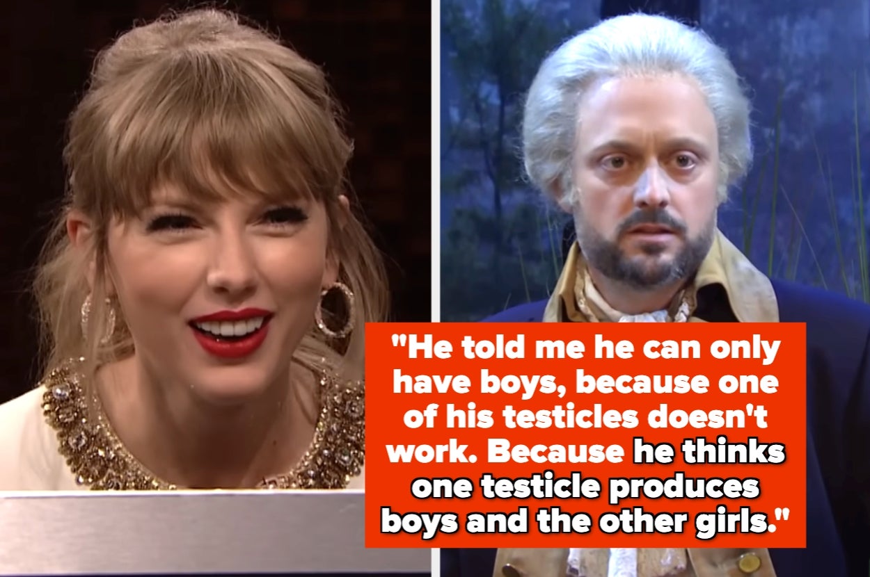 A split image: one side shows a smiling person with bangs, the other features a man in historical costume. Text humorously mentions a belief about testicles affecting baby gender