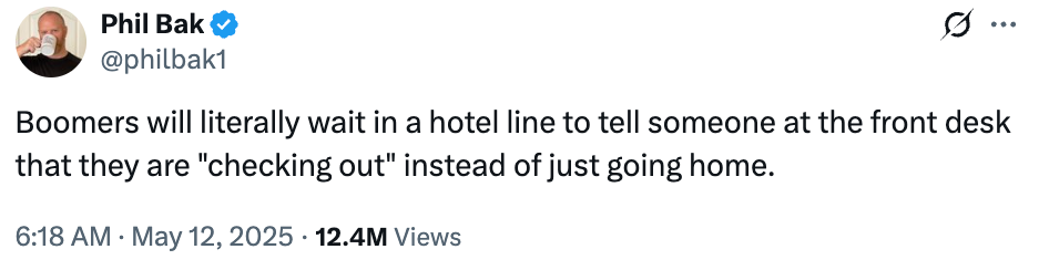 Tweet by Phil Bak about boomers preferring to inform hotels when checking out rather than leaving directly; liked 12.4M times