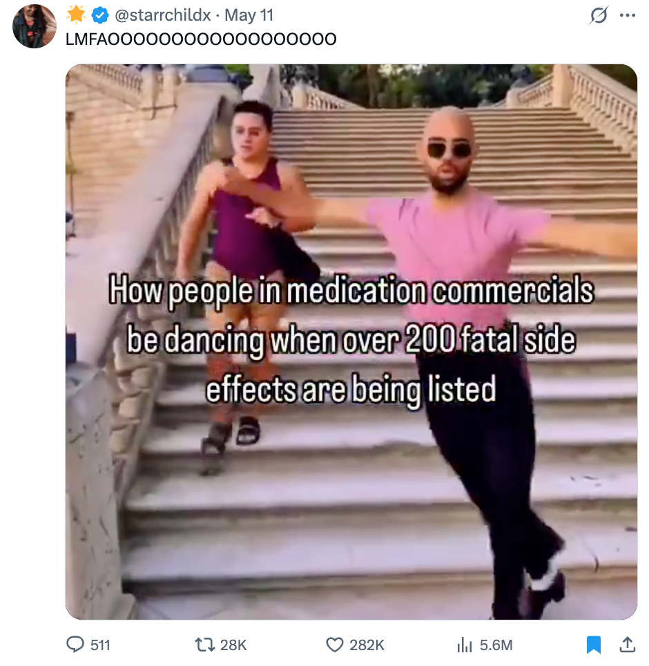Two people joyfully dance on stairs. Text humorously compares their dance to people in medication commercials despite listing many side effects