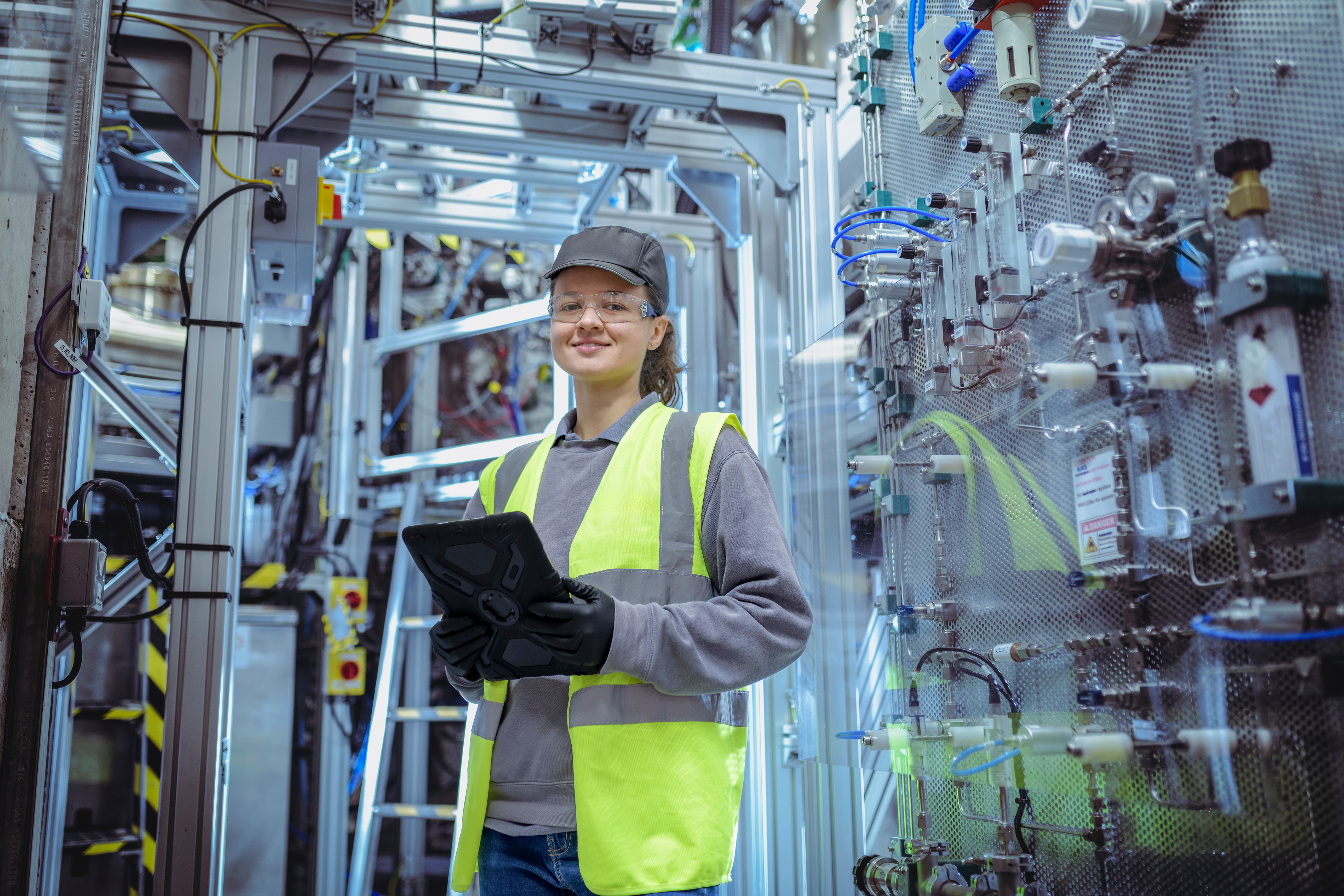 Person in safety gear with a tablet stands in a high-tech industrial facility, surrounded by machinery and equipment