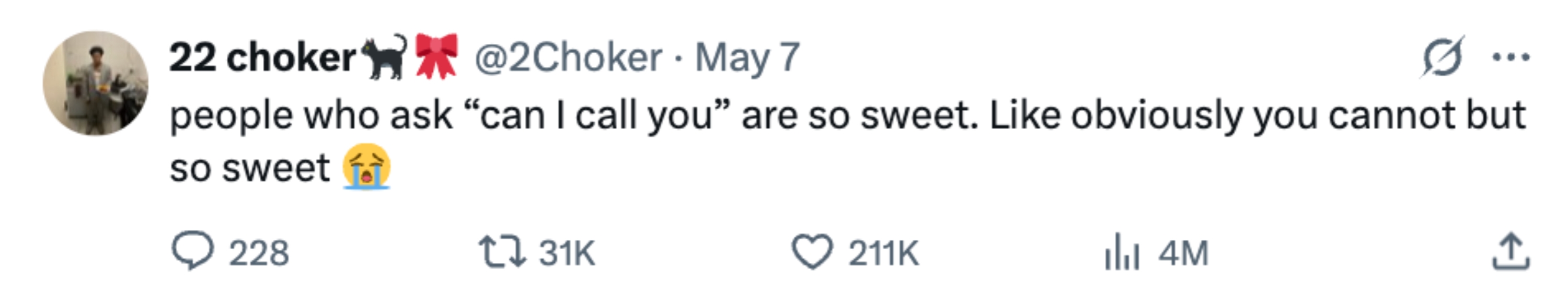 Tweet expressing appreciation for people who ask, "Can I call you?" The message conveys a sweet sentiment