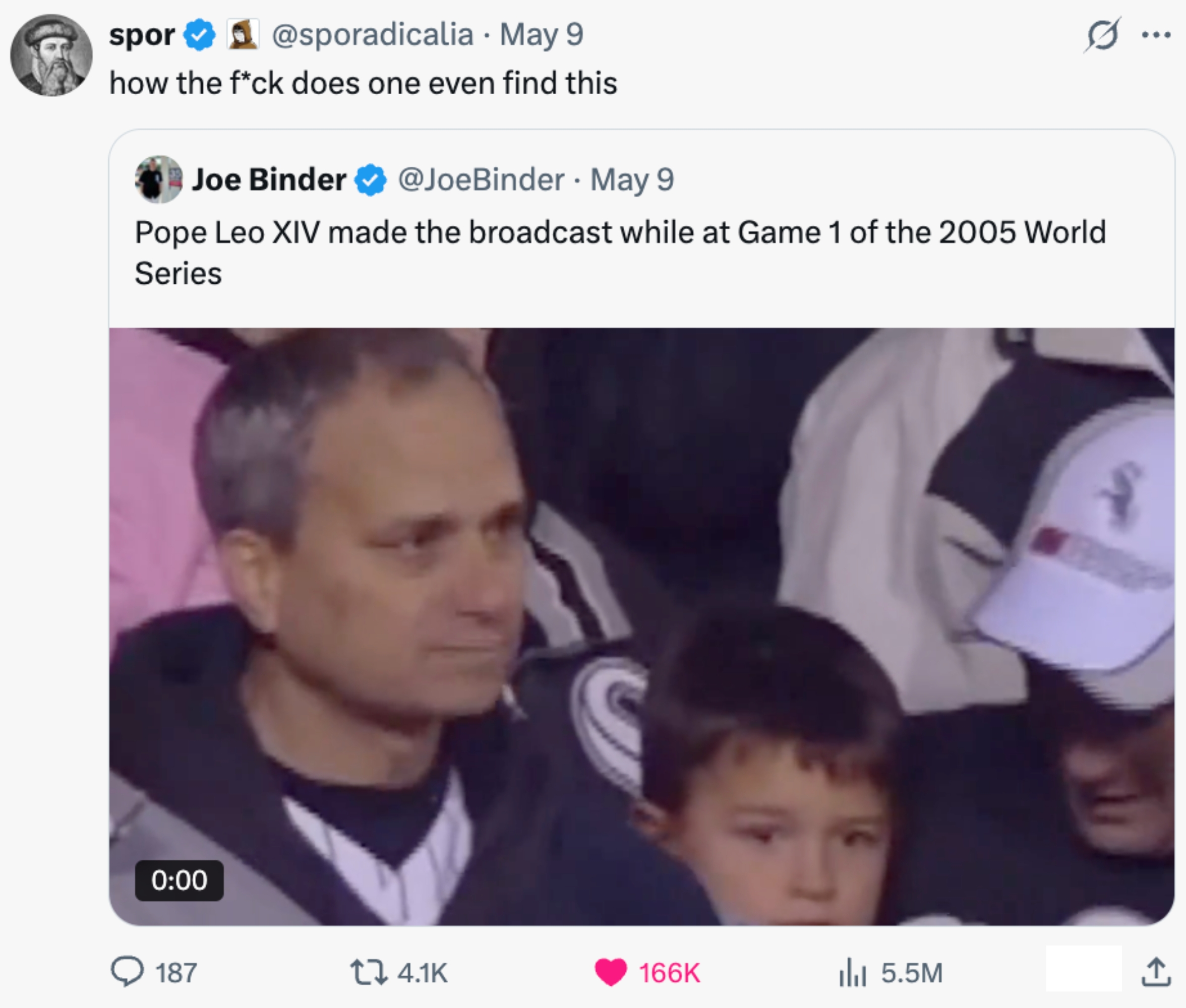 A tweet showing a man in the audience at a sports event with a child, captioned jokingly about Pope Leo XIV attending Game 1 of the 2005 World Series
