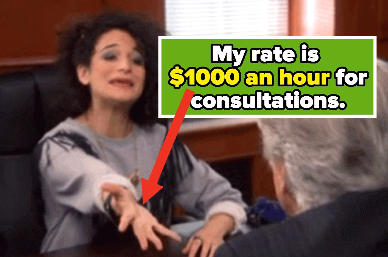 Woman gesturing during a conversation with text: "My rate is $1000 an hour for consultations."