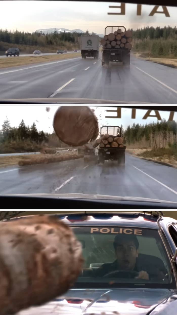 Three image sequence shows logs falling from a truck on a highway, one rolling toward a police car with a shocked driver