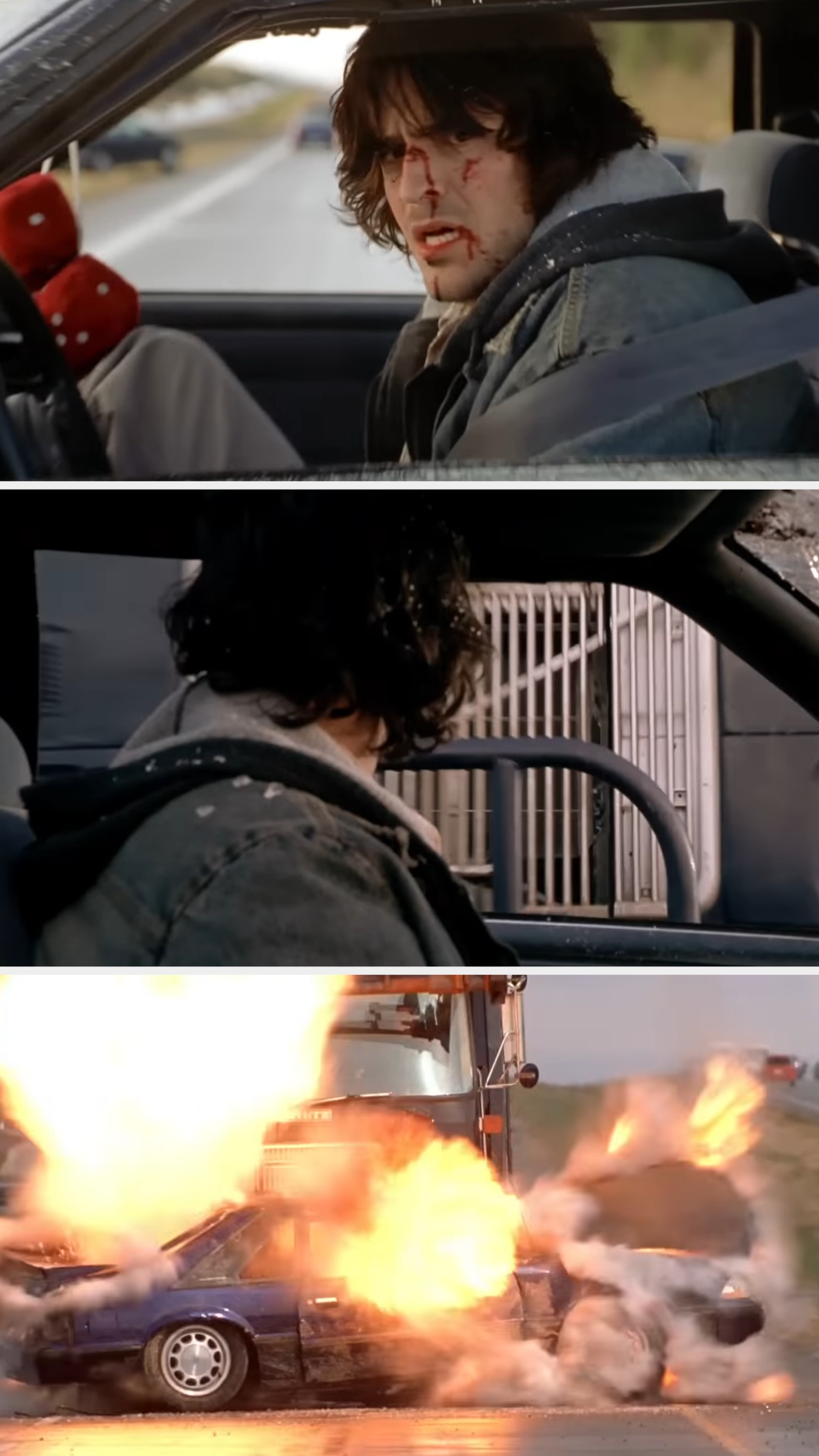 A person is in a car, looking worried with facial injuries. The car is then shown exploding after being hit by a large vehicle
