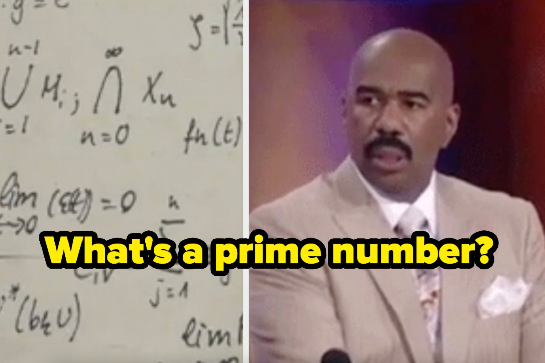 Split image: left shows math symbols and formulas; right shows a person in a suit with a quizzical expression with the text &quot;What&#x27;s a prime number?&quot;