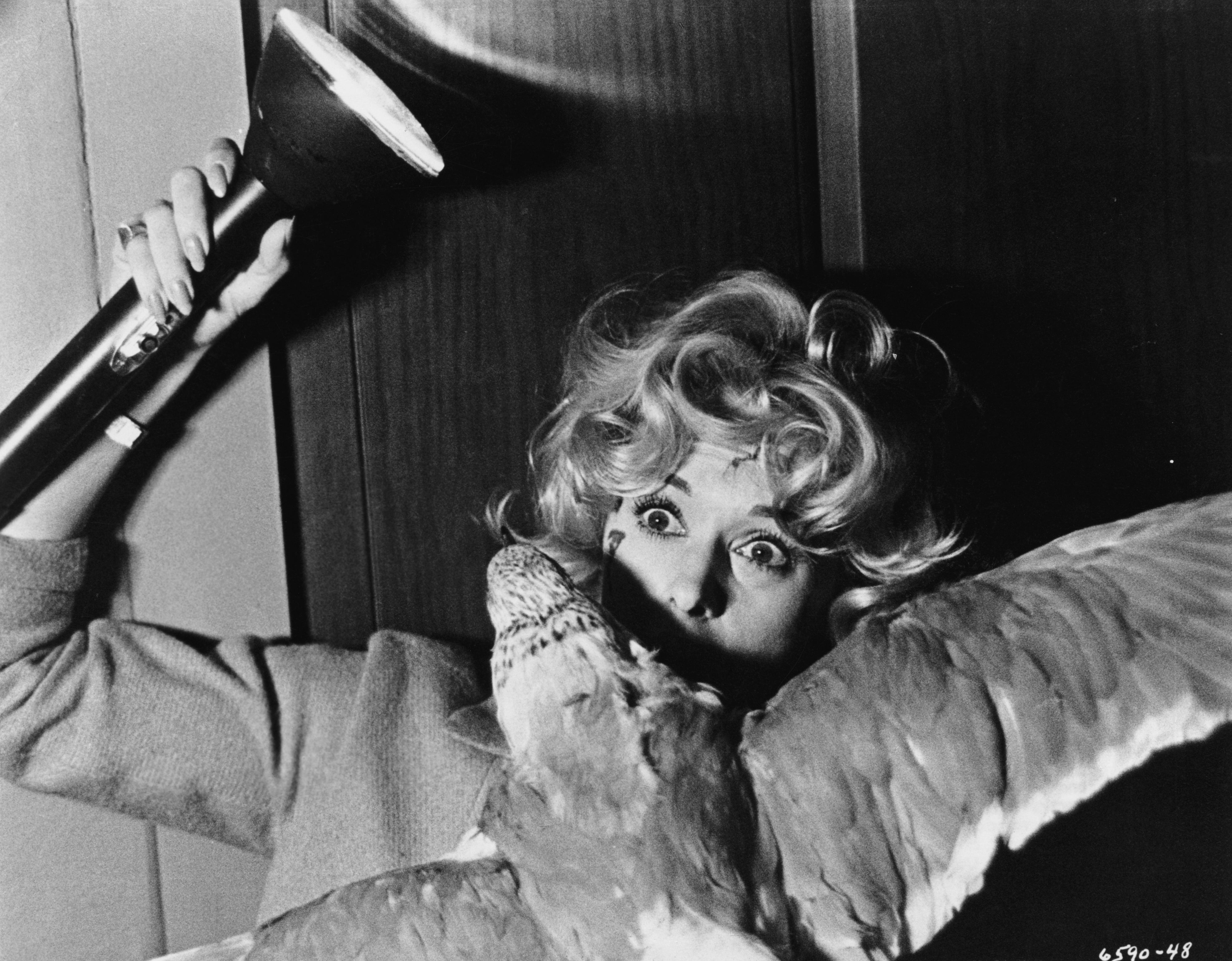 Woman with flashlight looking worriedly as a bird swoops close to her face