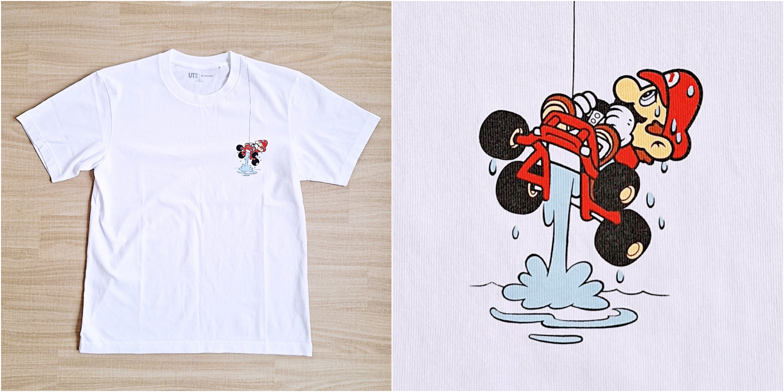 白いTシャツに、左胸に小さな絵柄と胸に大きなキャラクターが水に落ちるマンガ風デザイン。