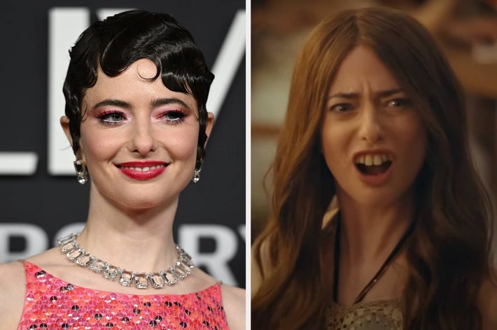 Two women: Left, wearing a sparkling dress and diamond necklace; Right, an expressive scene with long hair and open mouth