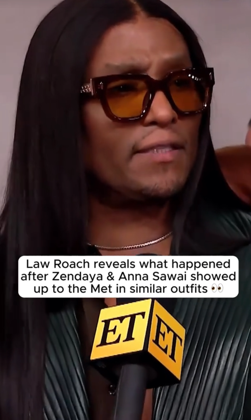 Law Roach being interviewed by Entertainment Tonight about a fashion incident involving similar outfits at the Met Gala
