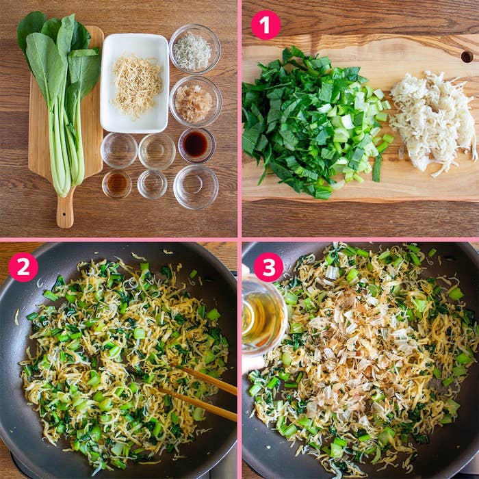 料理手順の画像。青菜と麺の刻み、炒める際の途中経過がステップ1から3まで示されている。