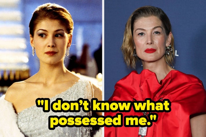 Two images of the same woman; left shows her in formal wear, right shows her at an event in an elegant red outfit with text: &ldquo;I don&rsquo;t know what possessed me.&quot;