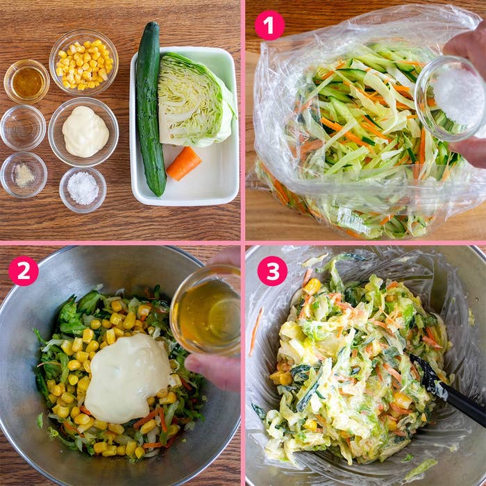 4コマの画像。1. 材料の準備、2. 野菜とマヨを混ぜる、3. 混ぜ合わせたサラダの完成。