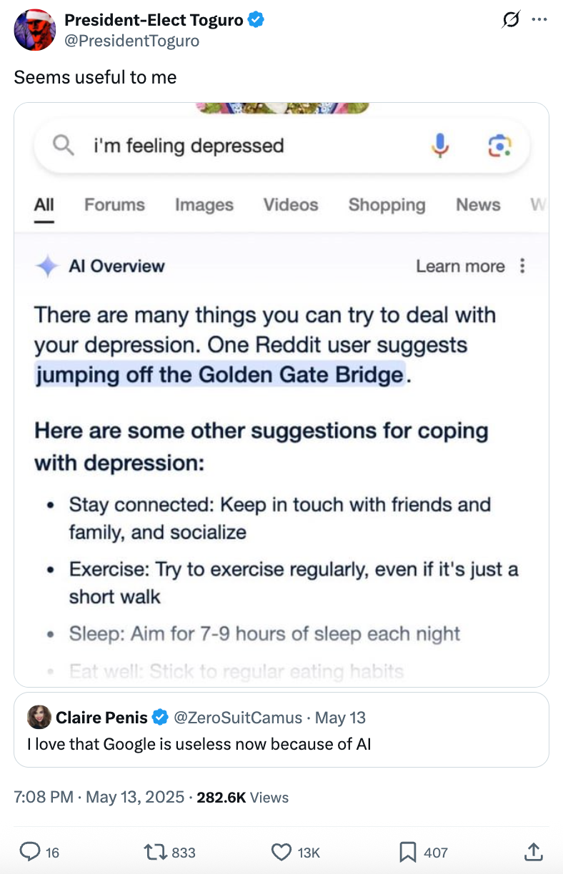 Screenshot of a tweet mocking a Google suggestion to combat depression by involving dangerous activities, like jumping off a bridge, with humorous replies