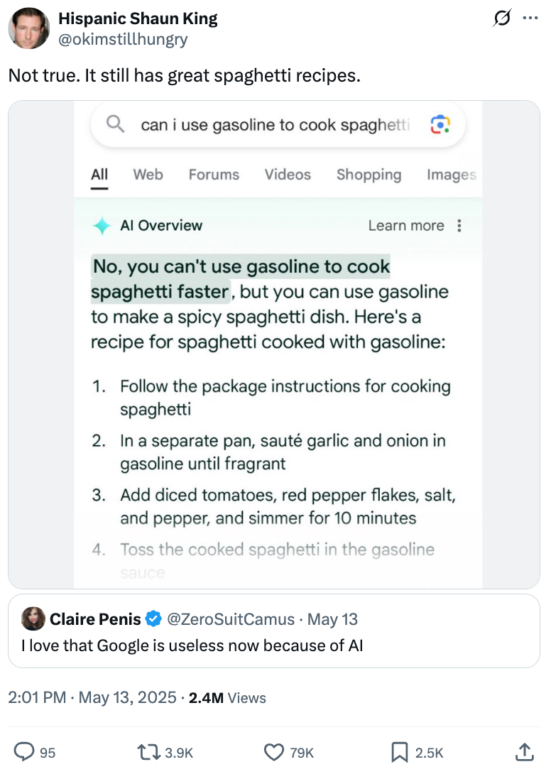 Tweet with screenshot of a Google AI response about using gasoline in spaghetti, highlighting absurd suggestions