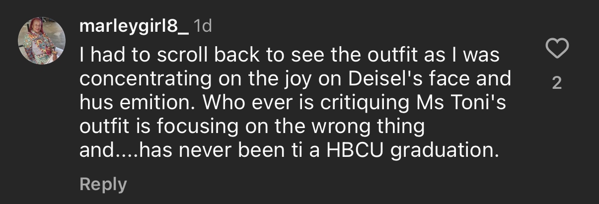 Comment discussing an outfit at a graduation, mentioning focus on joy and emotion, and critiquing misconceptions about HBCU graduations