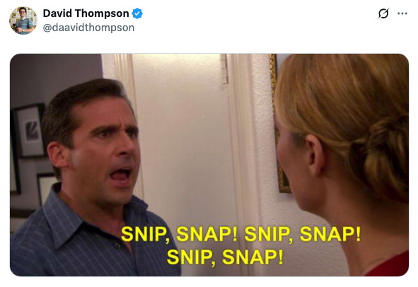 Man speaking emphatically to a woman indoors, with subtitles reading "SNIP, SNAP! SNIP, SNAP! SNIP, SNAP!"