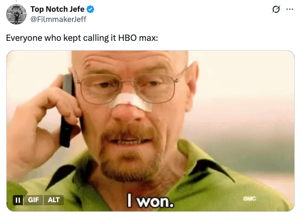 A man with a bandaged nose on the phone with the text "I won." Image is a humorous reference to HBO Max's name change discussions