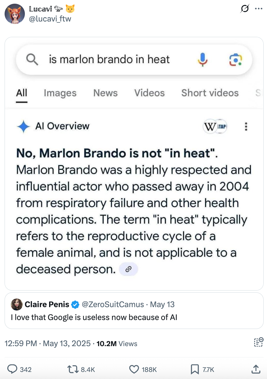 A screenshot of a tweet showing a humorous AI-generated answer about Marlon Brando. A user comments on AI's usefulness