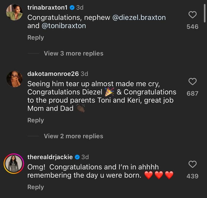 Social media comments congratulating Diezel Braxton for graduating from college
