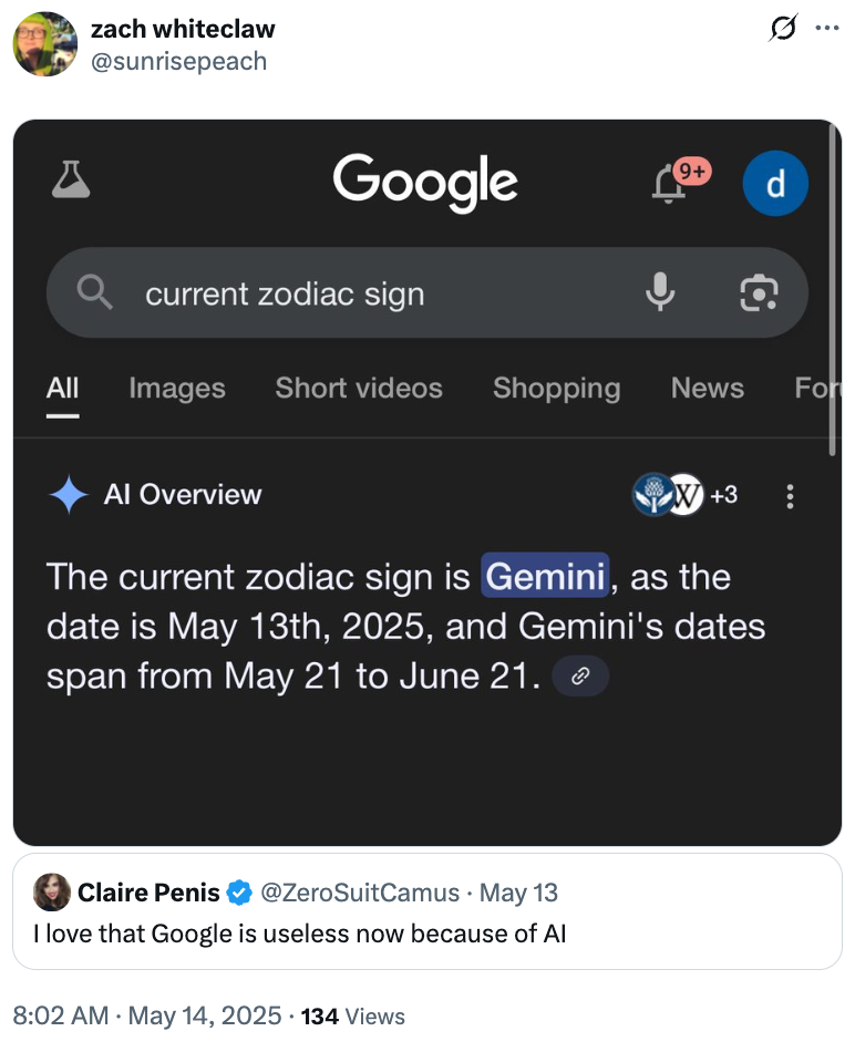 Tweet showing a Google search result stating the current zodiac sign is Gemini, with a user comment criticizing Google's AI