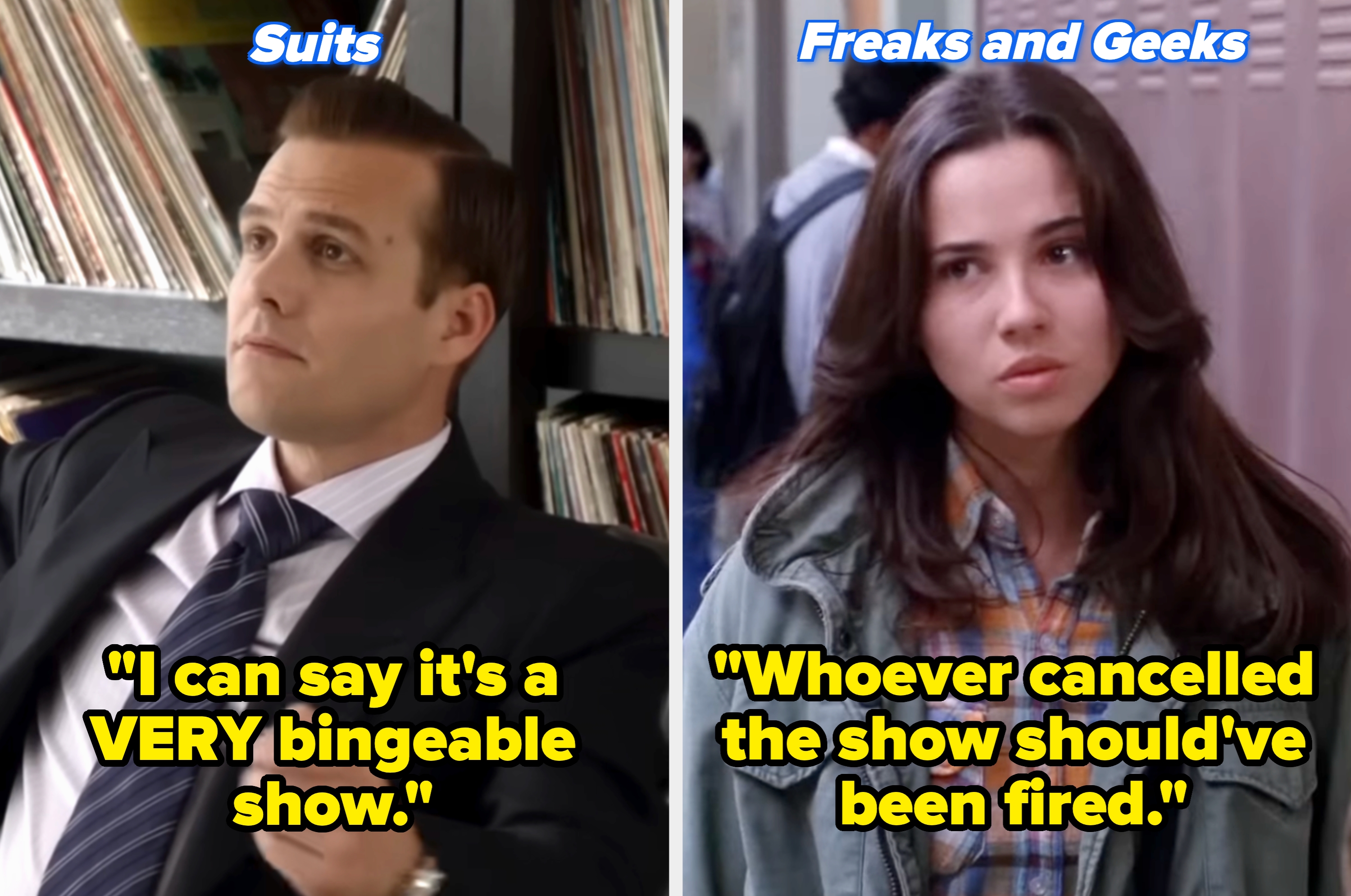 Split image: Left shows a scene from "Cobra Kai" with a focused man. Right shows a "Friday Night Lights" scene with a coach pointing and players behind