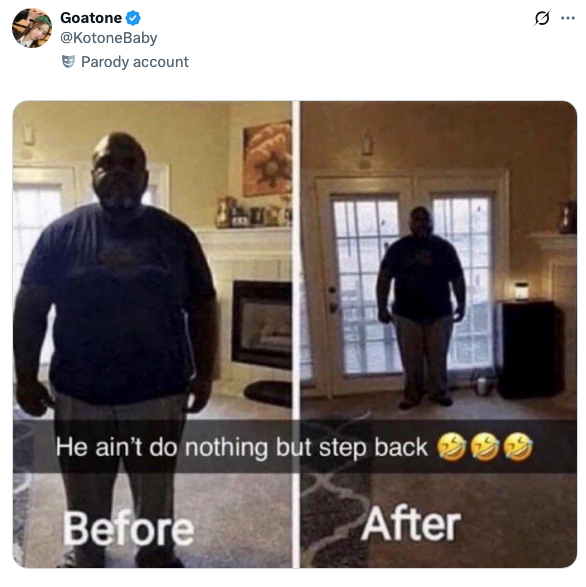 Two side-by-side images of the same man in a room. The caption humorously suggests no visible change between the "before" and "after" photos