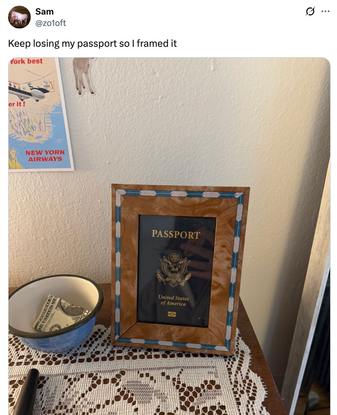 Framed U.S. passport on a shelf next to a bowl with cash, under a wall poster. Caption humorously notes frequent loss of the passport