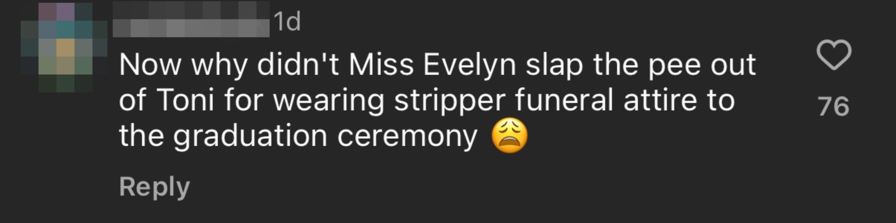 Comment about Toni Braxton's outfit at a graduation, humorously described as inappropriate, with a sad emoji