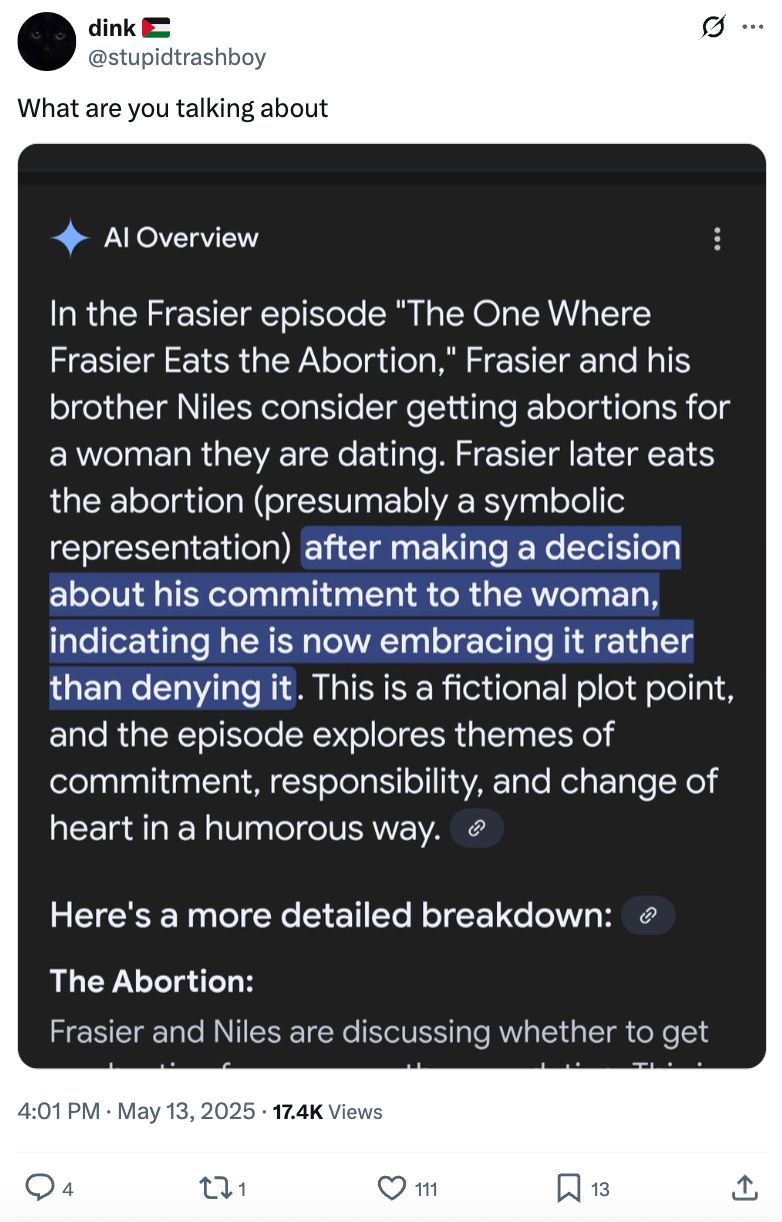 Social media post shows a satirical synopsis of a "Frasier" AI-generated episode titled "The One Where Frasier Eats the Abortion."