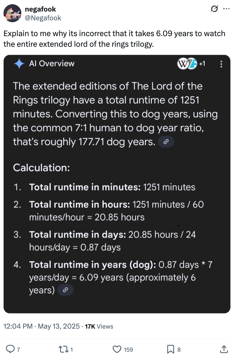 Tweet explaining that the extended "Lord of the Rings" trilogy takes 1.99 days to watch, not 6.09 years, using a 7:1 human-to-dog-year ratio