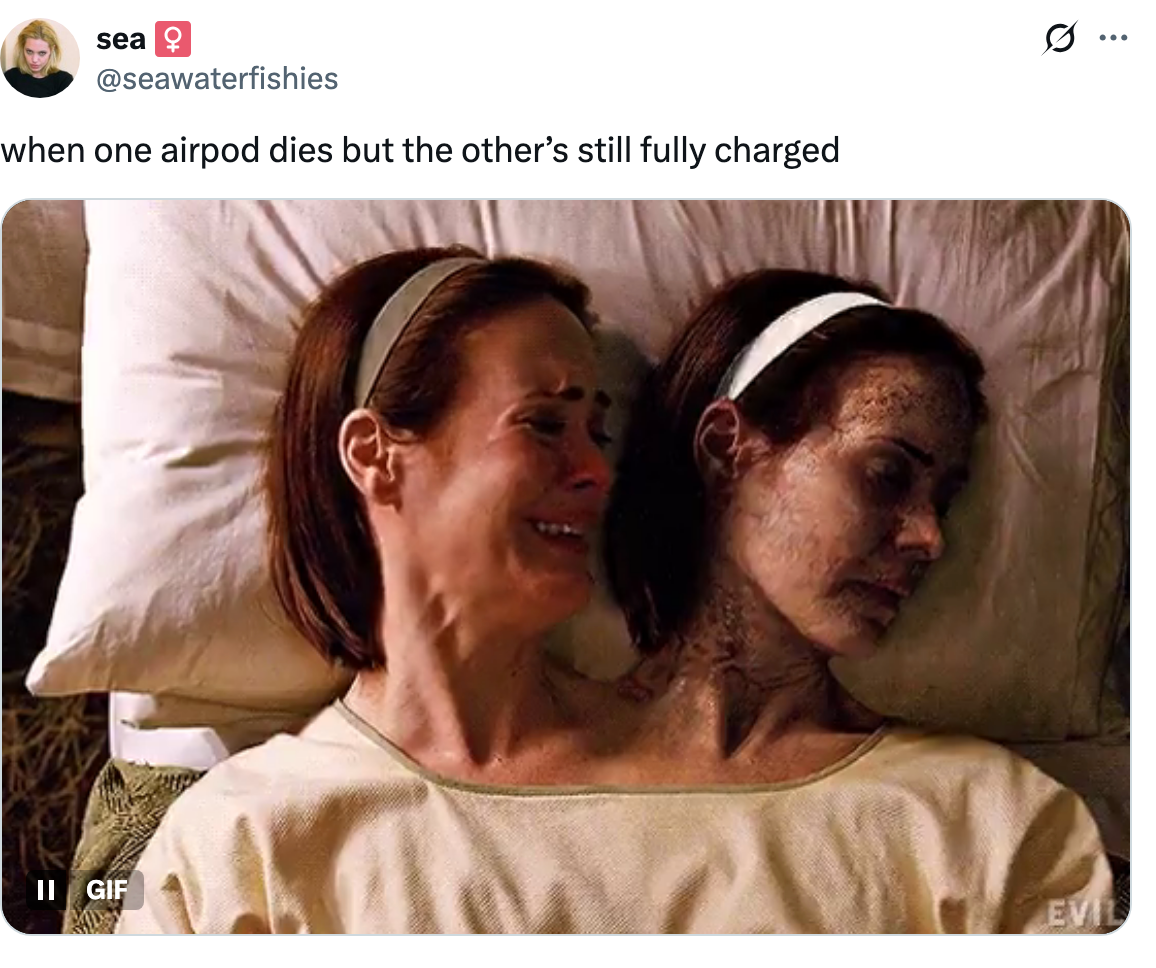 Woman lies next to her decaying twin, illustrating humorous tweet about one AirPod dying while the other is charged