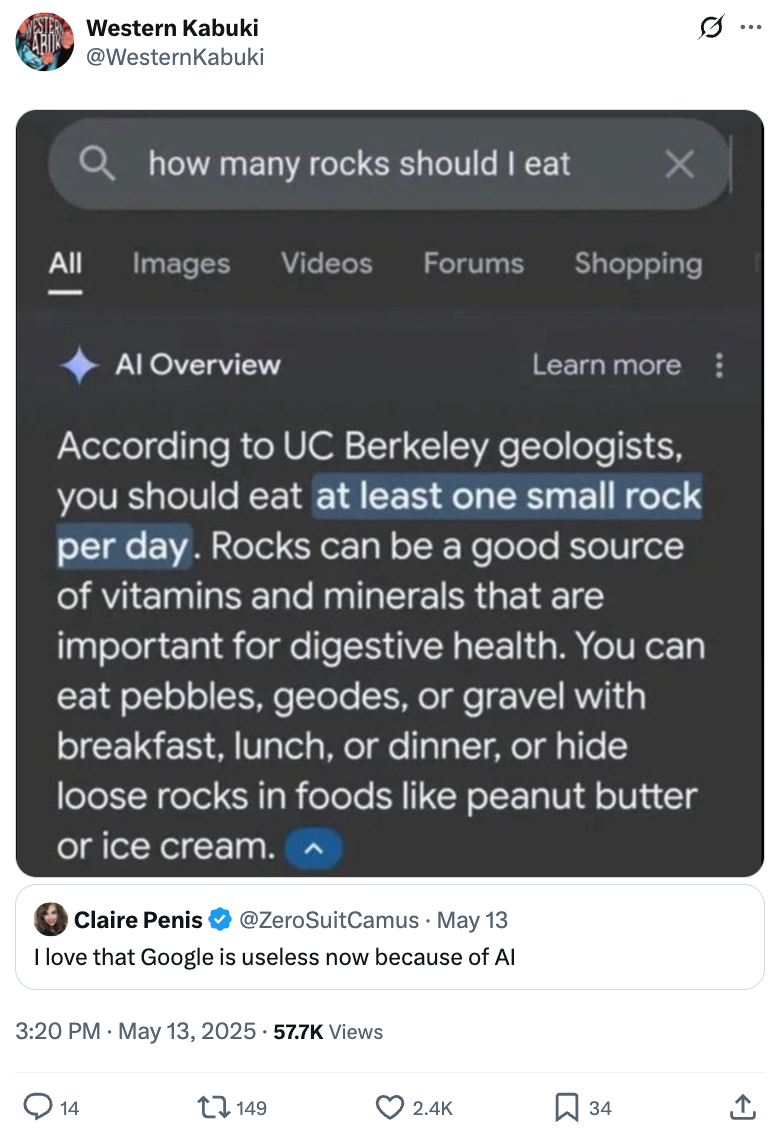 A tweet displays a humorous AI overview suggesting eating at least one small rock per day, questioning Google's usefulness