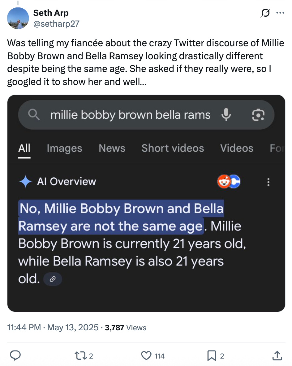 google summary saying that bella ramsey and millie bobbie brown are not the same age and that they are both 21 years old