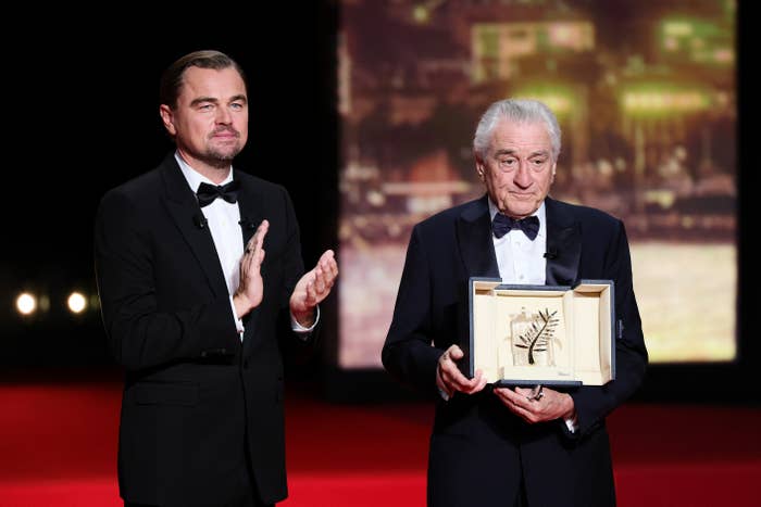 Leonardo DiCaprio and Robert De Niro on stage at Cannes