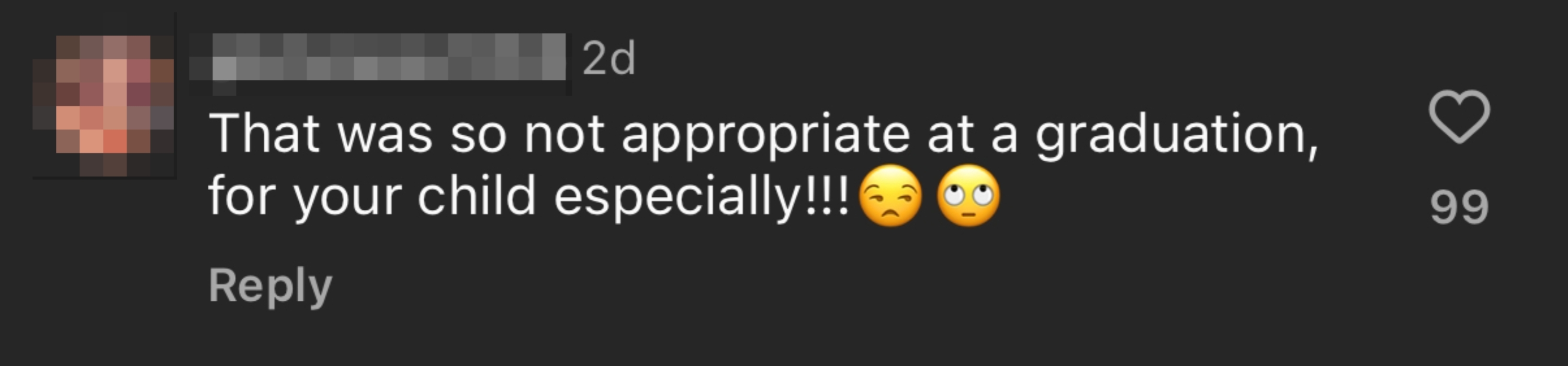 Comment criticizing an action at a graduation, expressing disapproval with two frowning emojis
