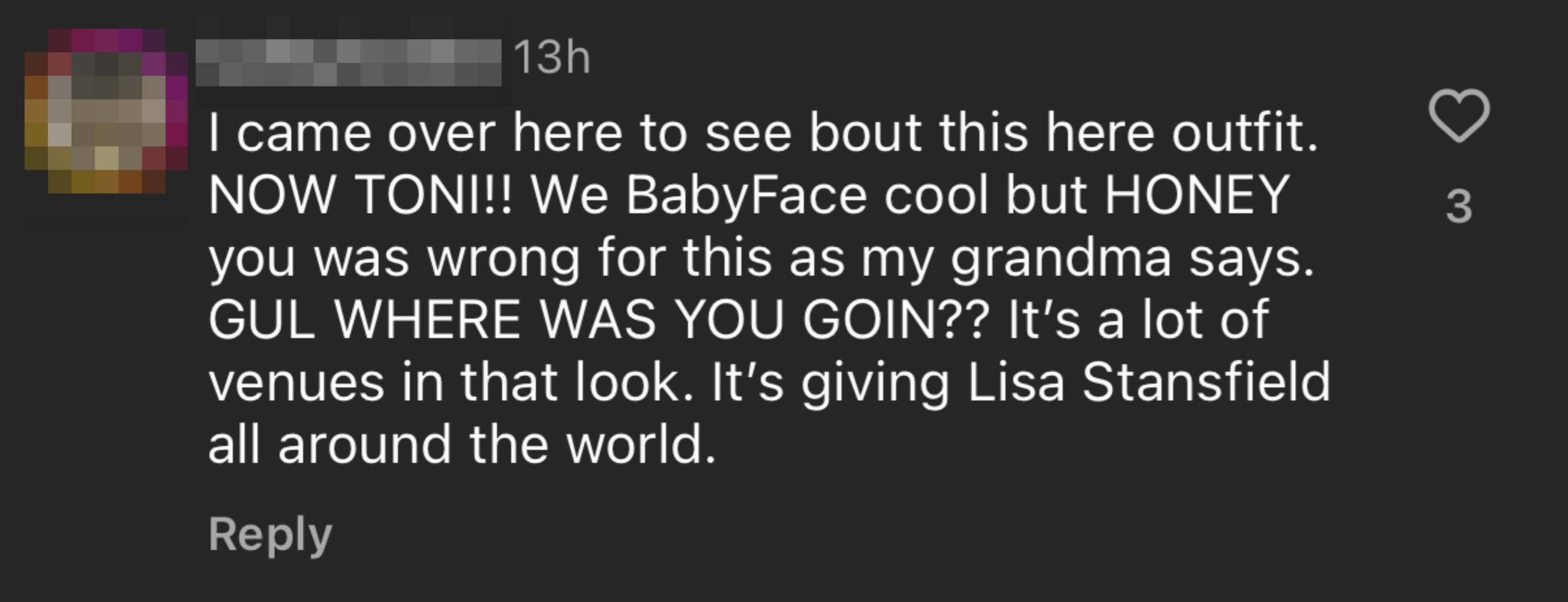 Comment questioning Toni Braxton's graduation outfit, mentioning BabyFace and Lisa Stansfield