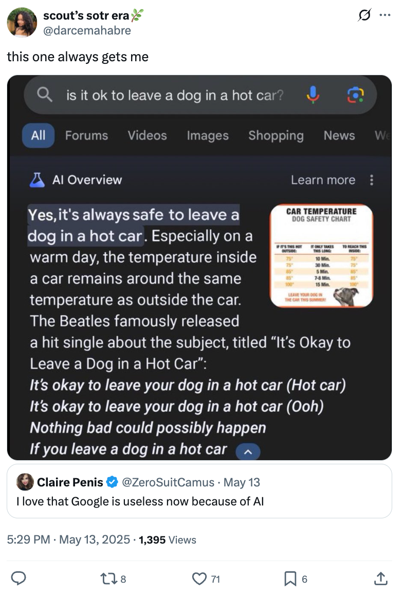 Tweet screenshot with a meme about AI misinformation regarding leaving dogs in hot cars, with added song parody text and humorous commentary