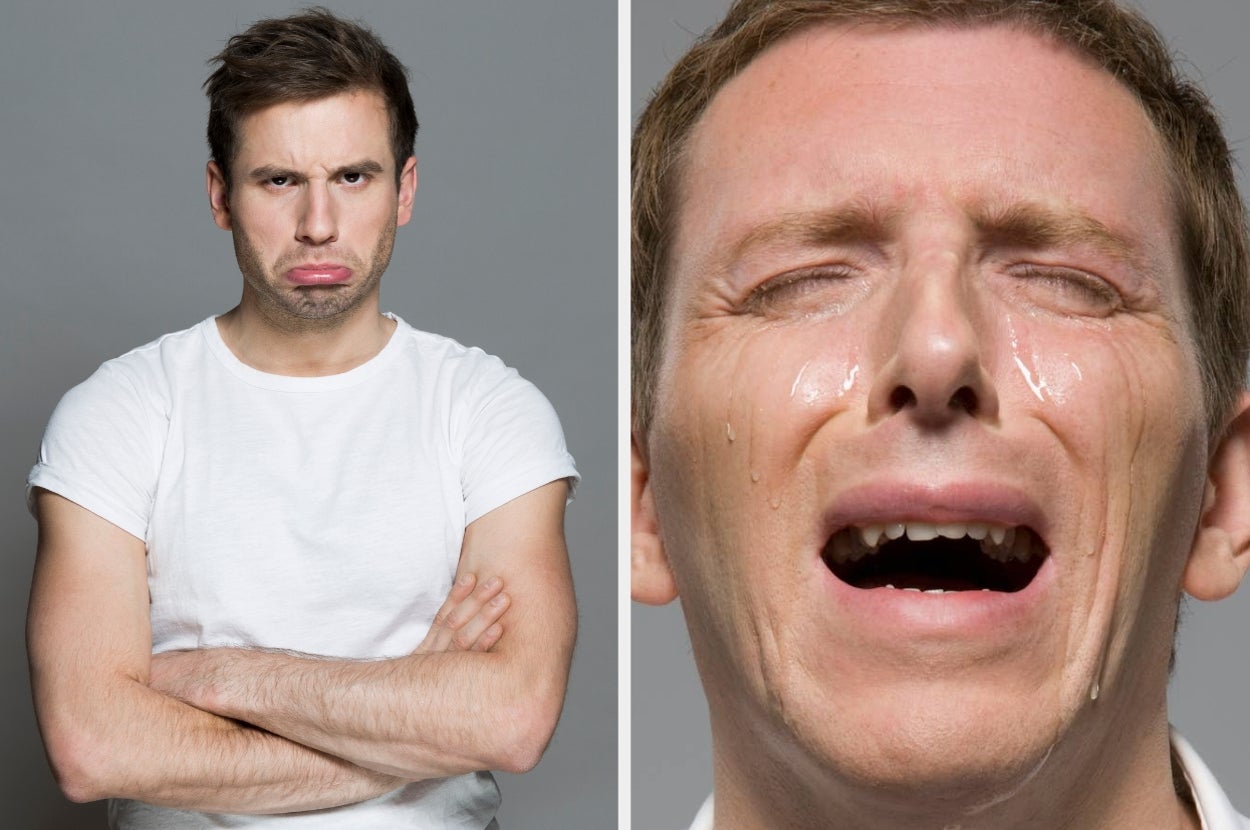 Two images of a man show him frowning with crossed arms and crying with eyes closed, both expressing strong emotions
