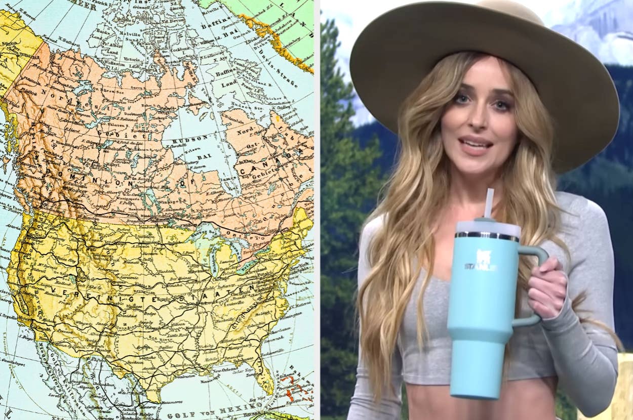 Vintage map of North America beside a person wearing a wide-brimmed hat and holding a large tumbler against a nature backdrop
