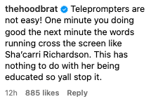 A social media post humorously compares fast-moving teleprompter text to Sha'Carri Richardson running, noting it doesn't reflect on her education