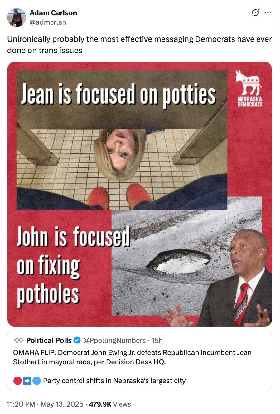 Tweet showing a political meme: "Jean is focused on potties, John is focused on fixing potholes," with photos of two individuals and text about a Nebraska election flip