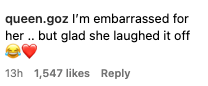 Social media comment saying, "I'm embarrassed for her… but glad she laughed it off," followed by laughing and heart emojis